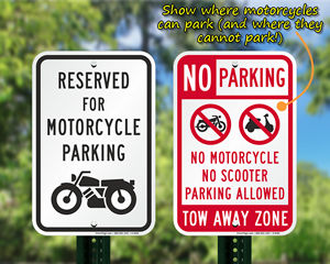 Motorcycle parking and no parking signs