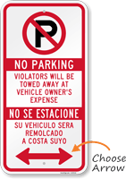 Bilingual No Parking Violators Towed Sign With Arrow