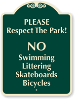 No Swimming Littering & No Skateboarding Sign