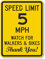 Speed Limit 5 MPH Walkers And Bikes Sign