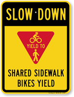 Shared Sidewalk Bikes Yield Slow Down Sign