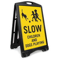 Slow Children And Dogs Playing Sidewalk Sign