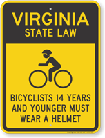 Bicyclists 14 Years Wear Helmet Virgina Law Sign