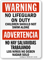 Bilingual No Lifeguard on Duty Warning Sign