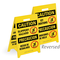 Bilingual Slippery Hazard Icy Conditions Standing Floor Sign