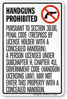 Handguns Prohibited Sign Texas Section 30.06