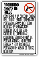Spanish Handguns Prohibited Sign Texas Section 30.06