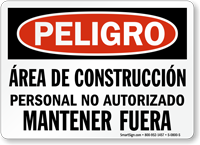 Peligro Area De Construccion Mantener Fuera Spanish Sign