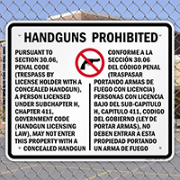 Bilingual Handguns Prohibited Sign for Texas State - (section 30.06)