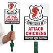 Protected By Attack Chickens Caution Sign And Stake Kit