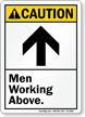 Men Working Above ANSI Caution Sign With Graphic