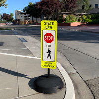 State law stop for pedestrian within crosswalk sign